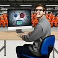 DALLE 2024-05-29 17.00_.41 - A photorealistic image of a happy employee sitting at a computer now with glasses_. On the monitor theres an image showing automation of manufacturi_.jpg
