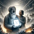 DALLE 2024-05-30 14.55_.39 - An image of a dirty foundry with a very photorealistic old man in the center_. He looks extremely realistic and is sad but he is holding a softly glow_.jpg